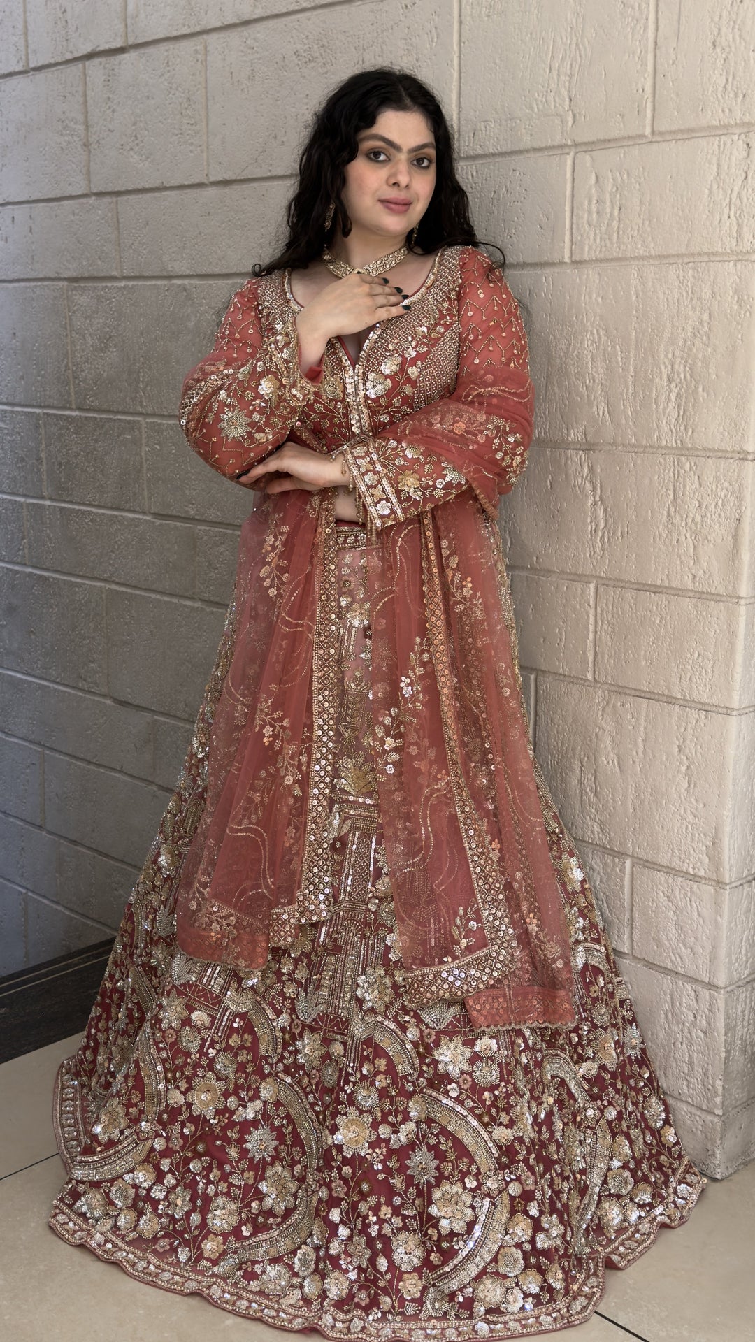 Dusty Rose Floral Embroidered Bridal Lehenga Set with Dupatta
