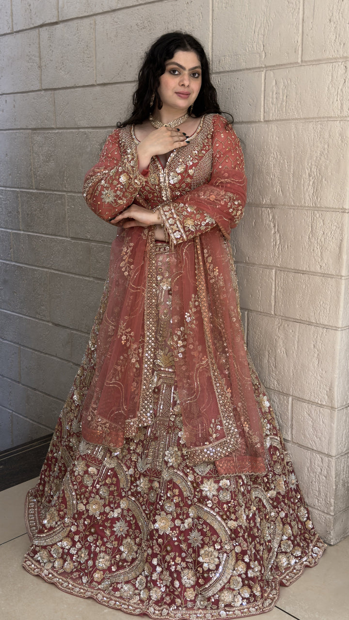Dusty Rose Floral Embroidered Bridal Lehenga Set with Dupatta