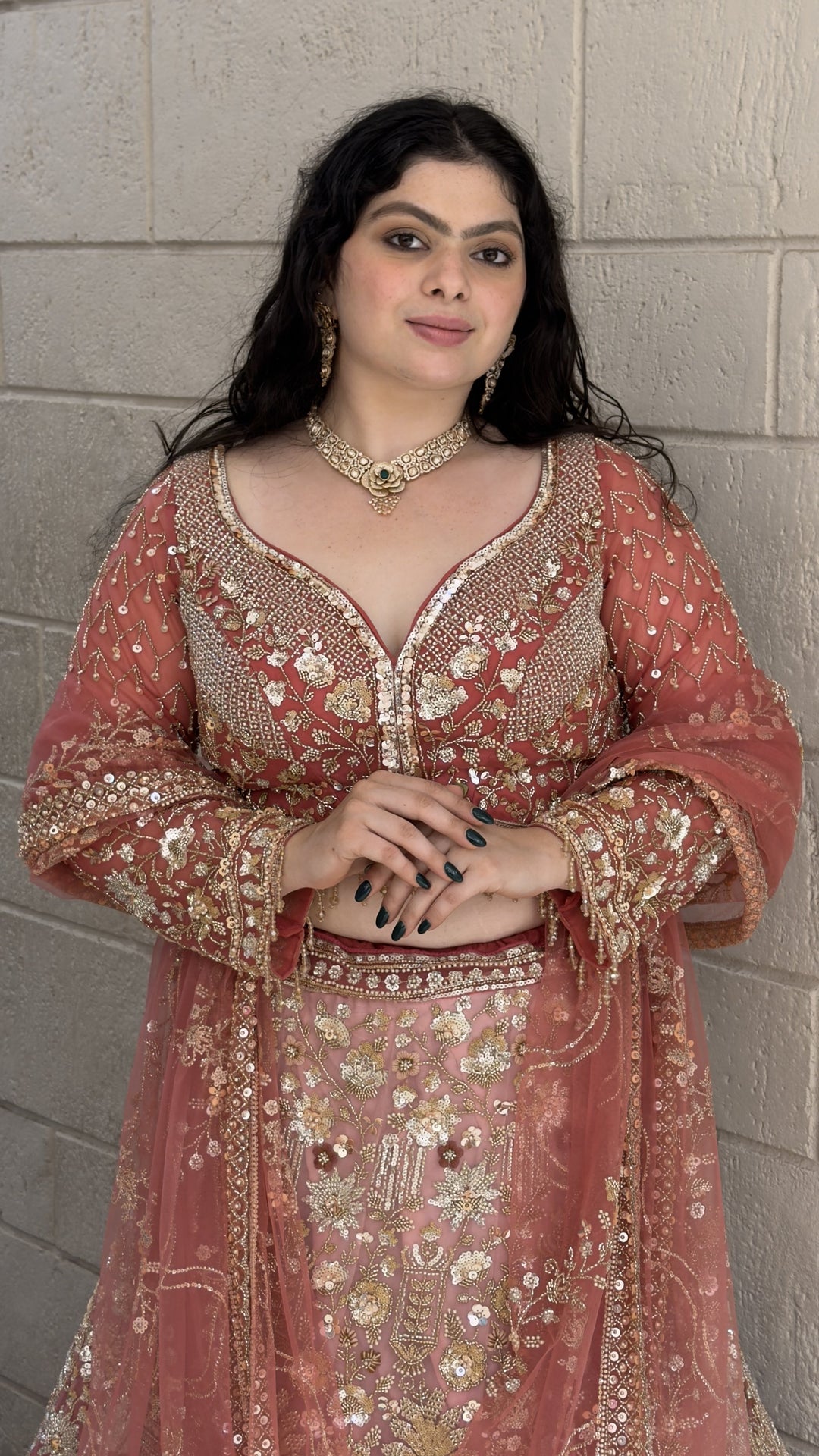 Dusty Rose Floral Embroidered Bridal Lehenga Set with Dupatta