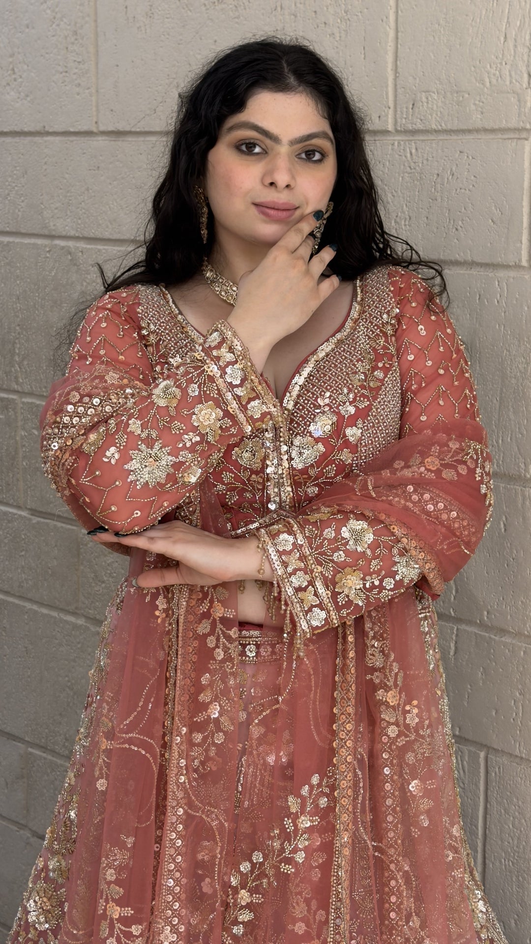 Dusty Rose Floral Embroidered Bridal Lehenga Set with Dupatta