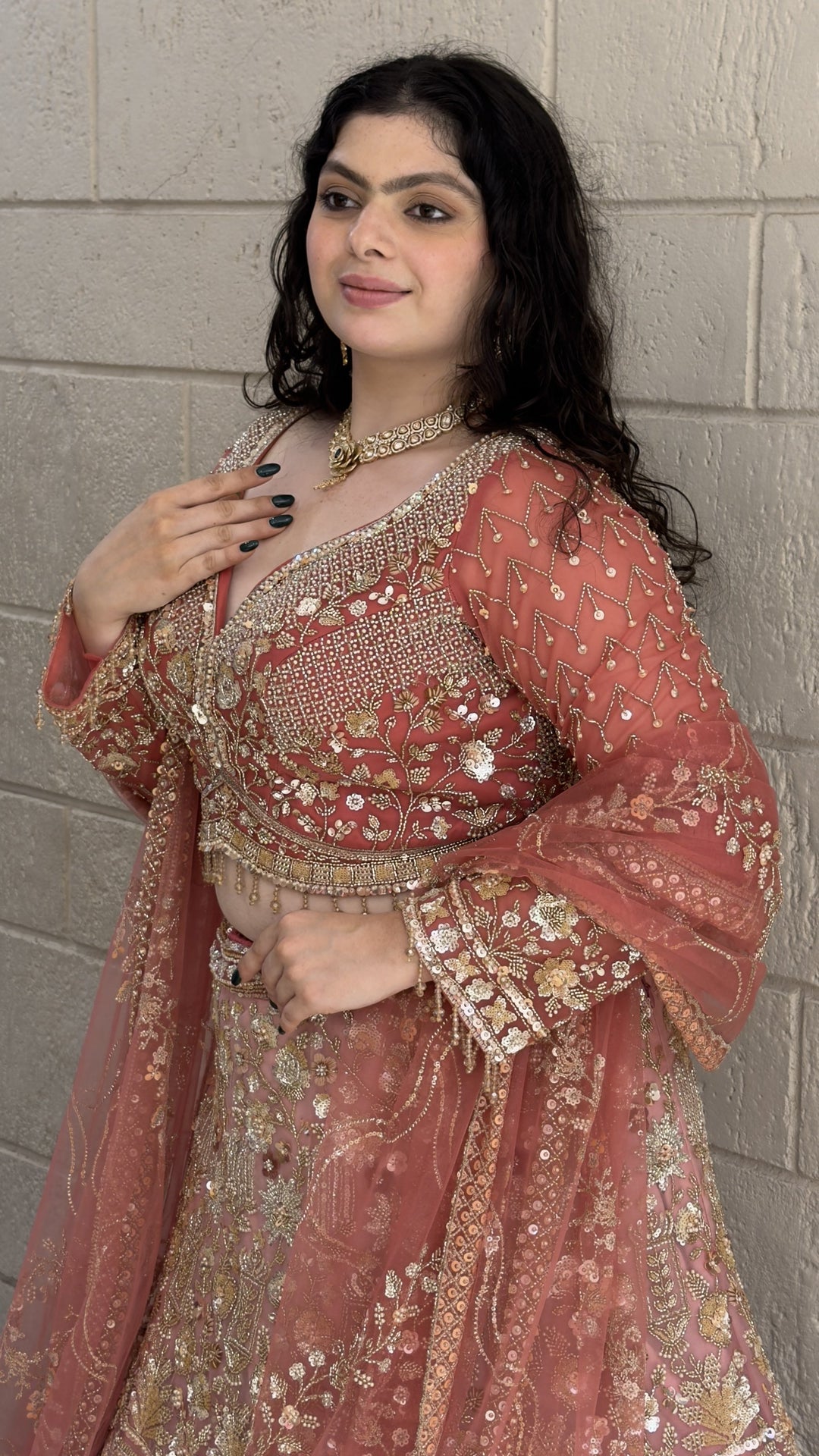 Dusty Rose Floral Embroidered Bridal Lehenga Set with Dupatta