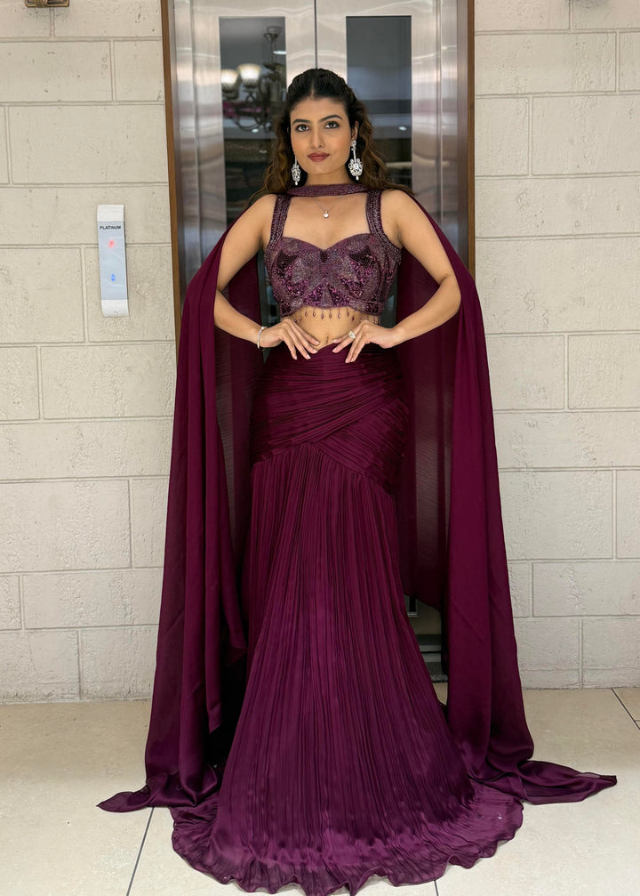 Wine Purple Designer Mermaid Gown with Draped Cape & Crystal Hand Embroidery