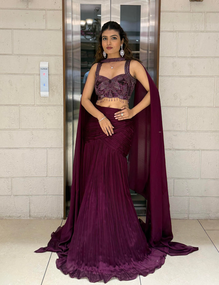 Wine Purple Designer Mermaid Gown with Draped Cape & Crystal Hand Embroidery