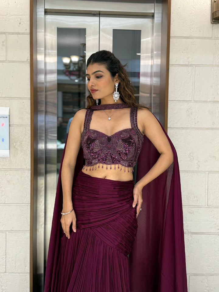 Wine Purple Designer Mermaid Gown with Draped Cape & Crystal Hand Embroidery