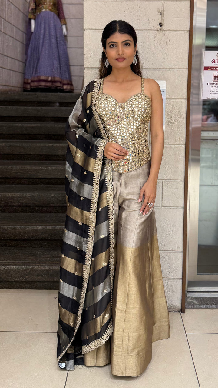 Mirror Work Corset Top with Flared Palazzo & Dupatta Set
