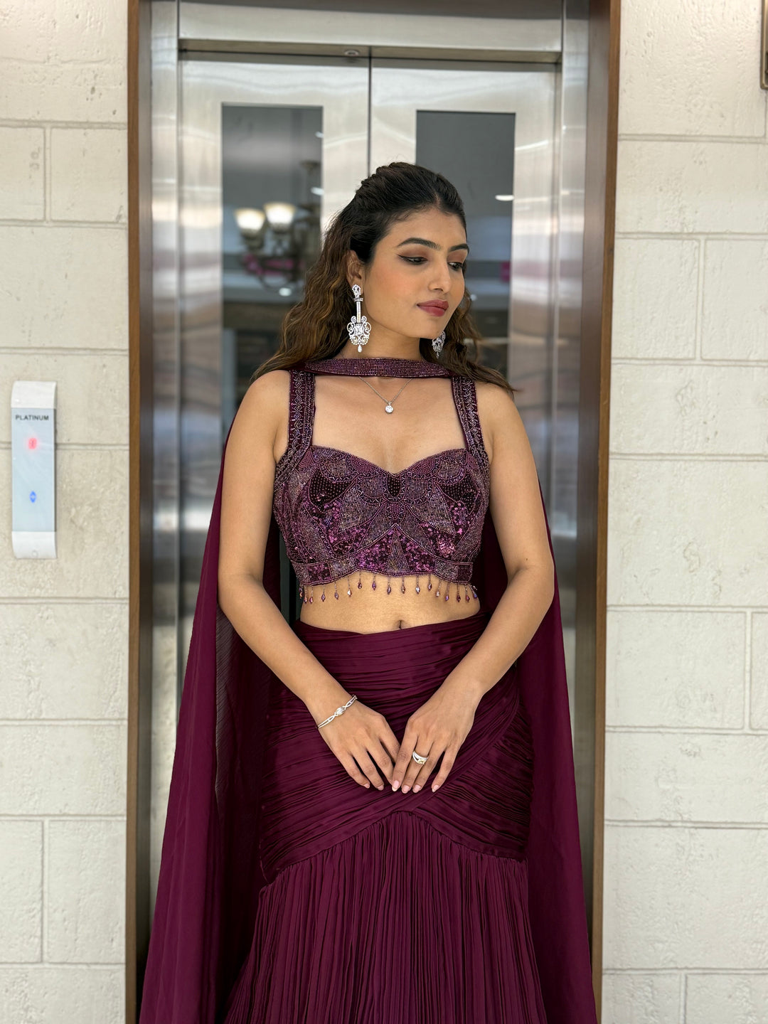 Wine Purple Designer Mermaid Gown with Draped Cape & Crystal Hand Embroidery