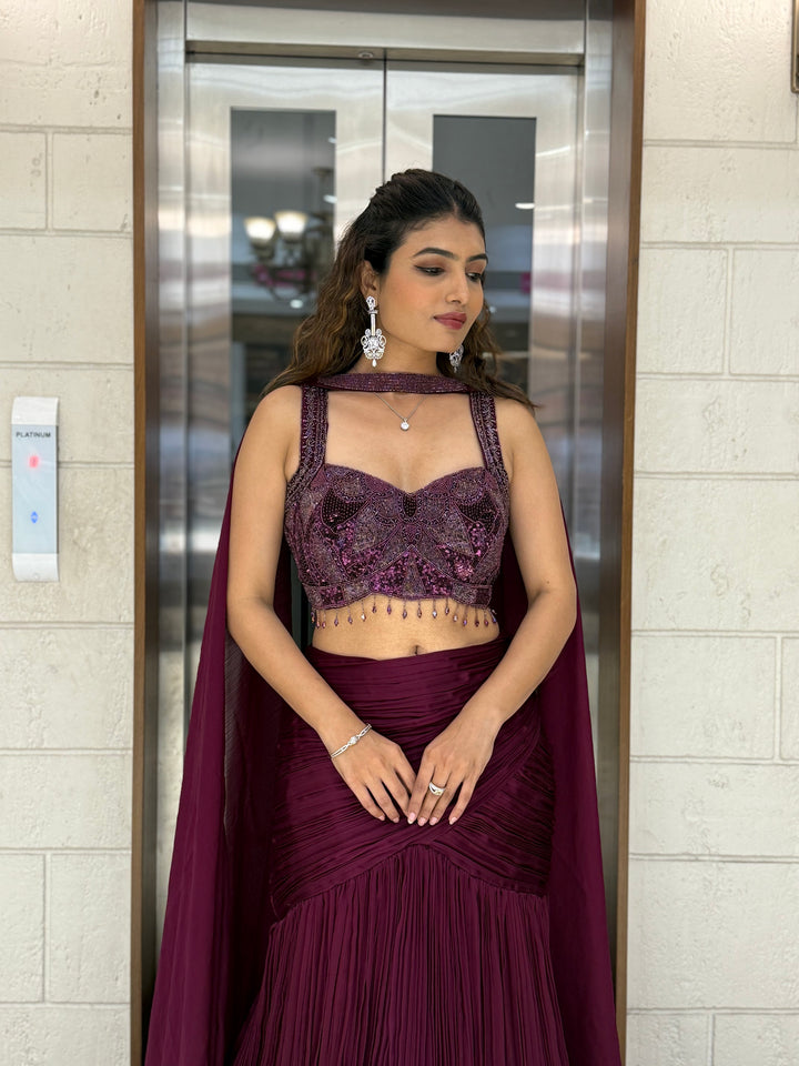 Wine Purple Designer Mermaid Gown with Draped Cape & Crystal Hand Embroidery