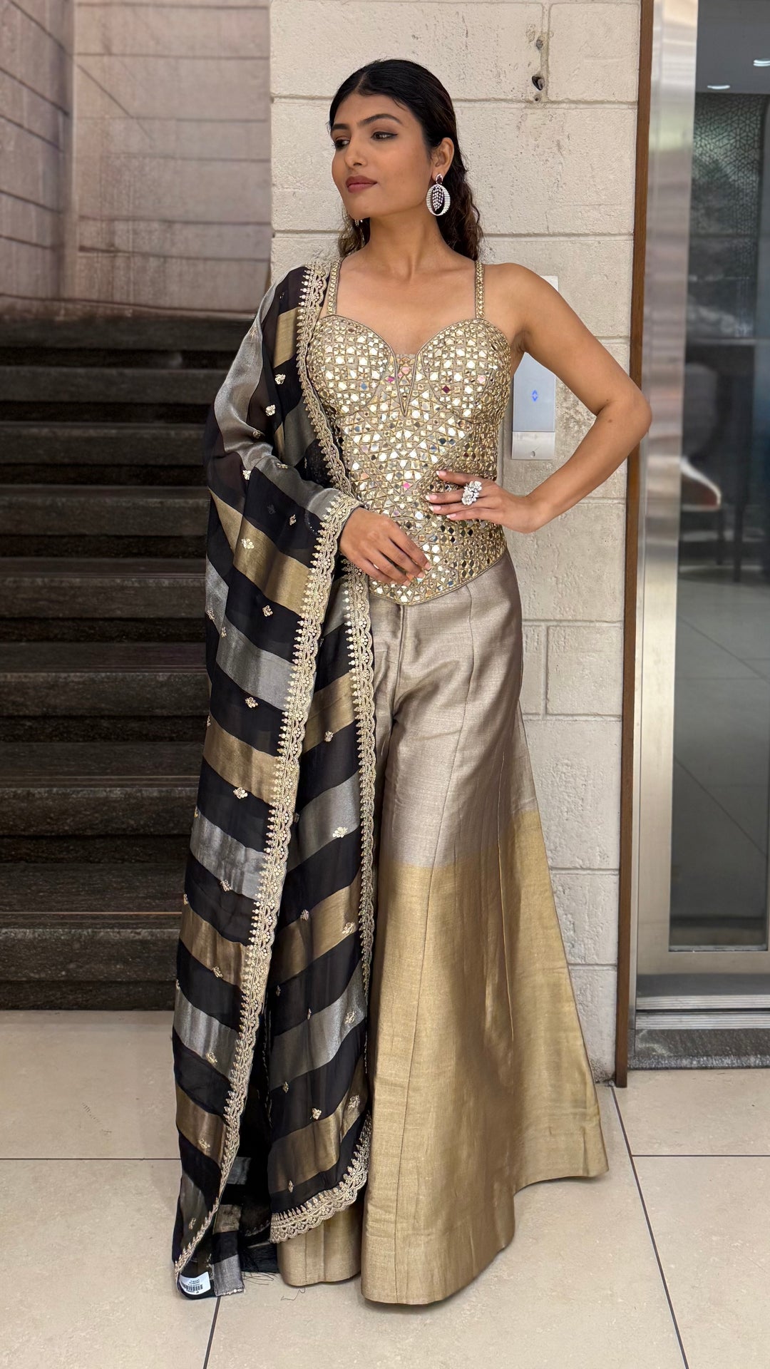 Mirror Work Corset Top with Flared Palazzo & Dupatta Set