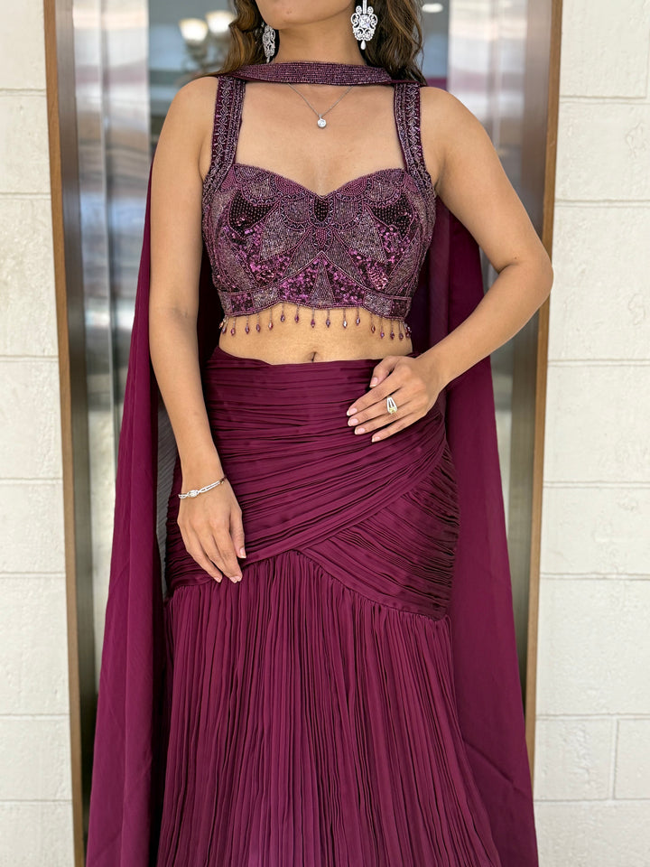 Wine Purple Designer Mermaid Gown with Draped Cape & Crystal Hand Embroidery