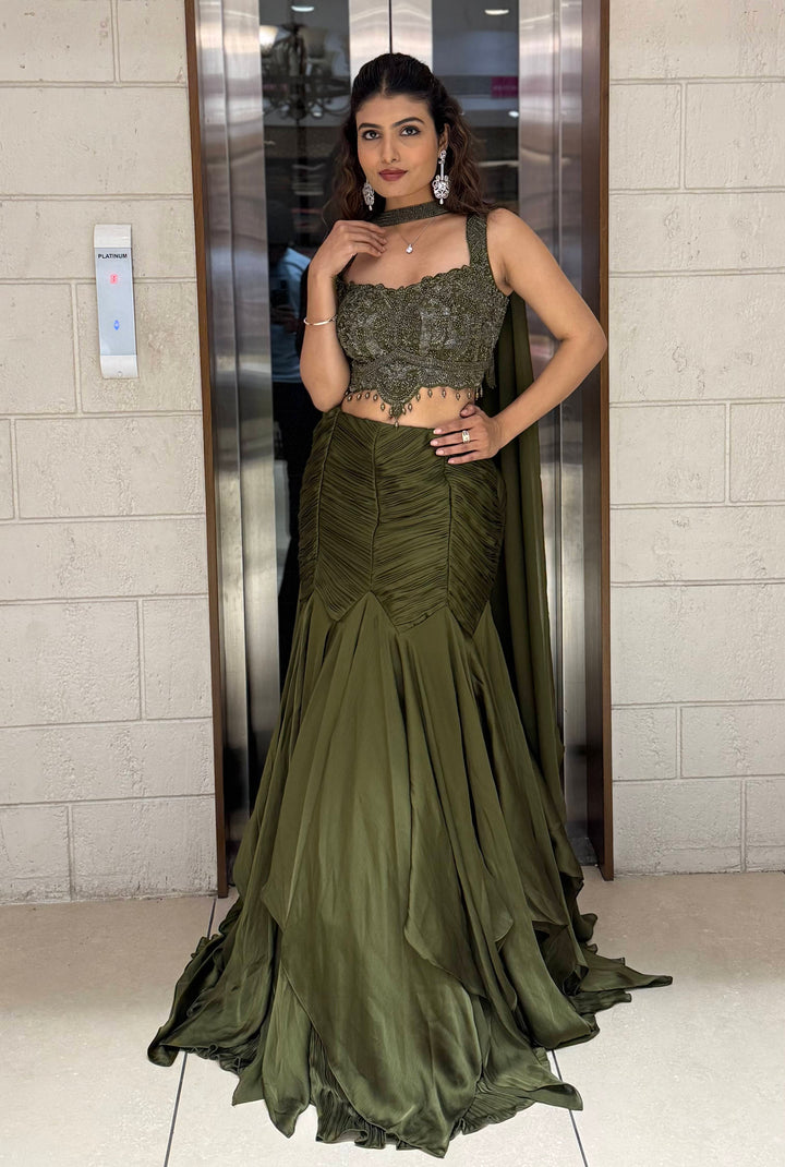Olive Green Indo-Western Mermaid Gown with Embellished Corset & Draped Cape Sleeves