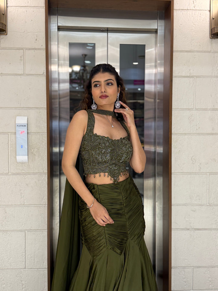 Olive Green Indo-Western Mermaid Gown with Embellished Corset & Draped Cape Sleeves