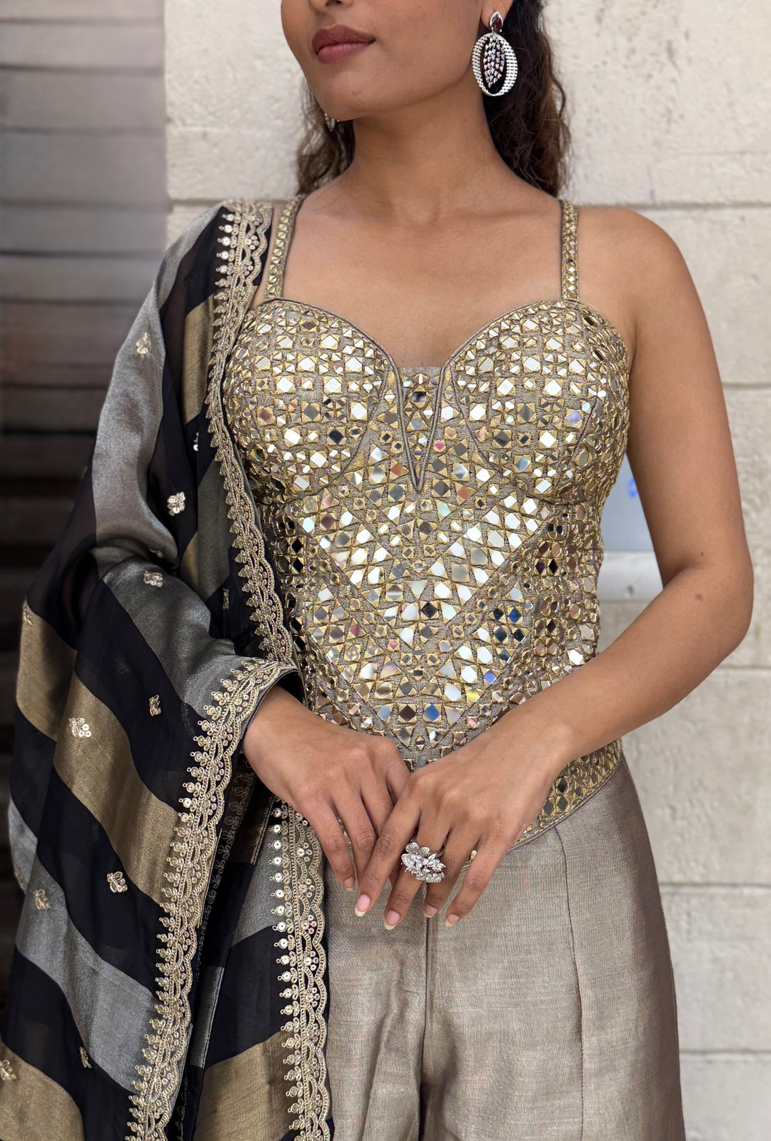 Mirror Work Corset Top with Flared Palazzo & Dupatta Set