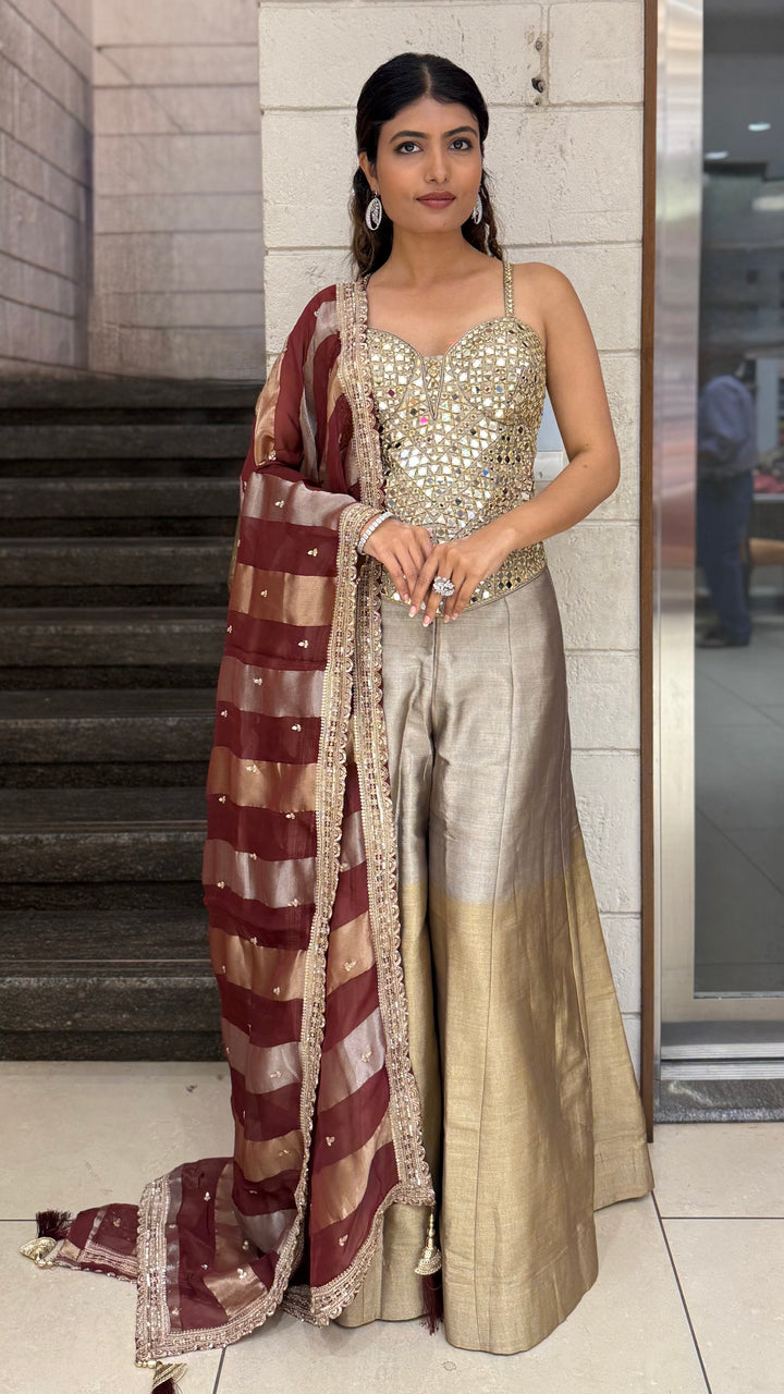 Mirror Work Corset Top with Flared Palazzo & Dupatta Set