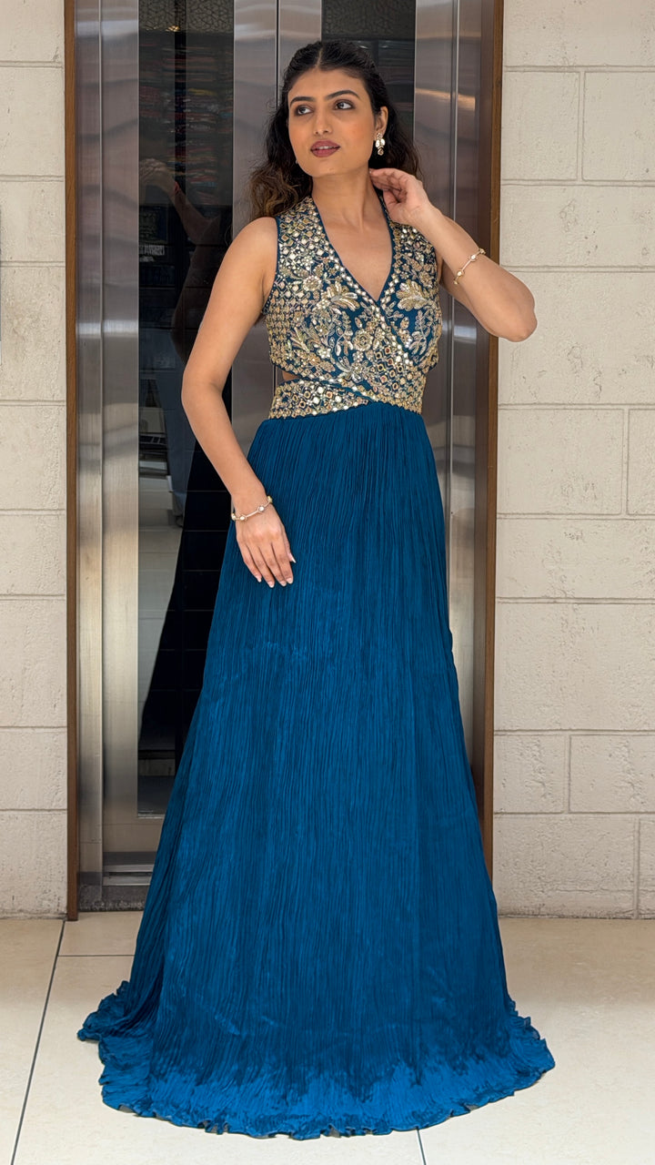 Teal Blue Handwork Embellished Evening Gown