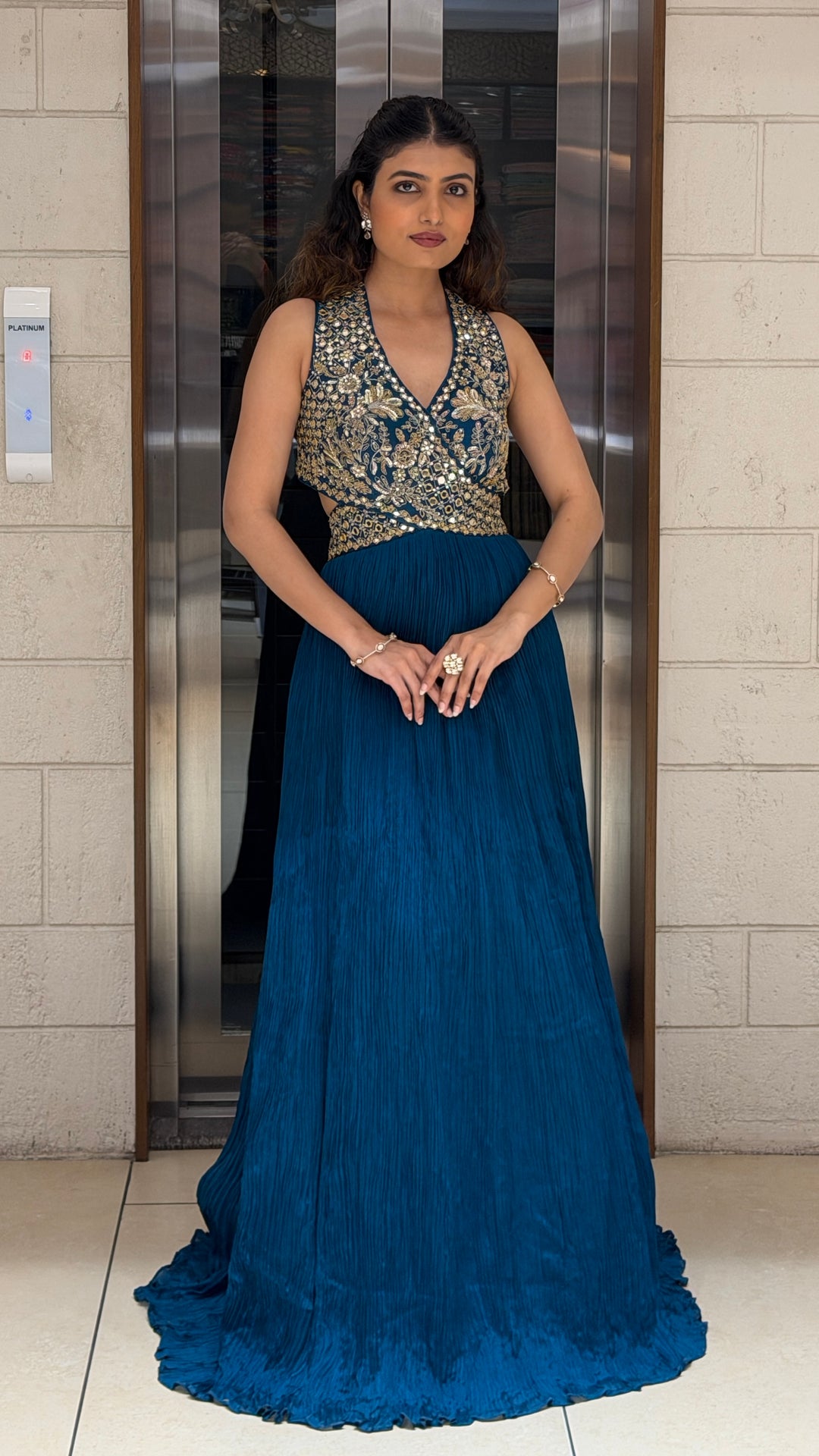 Teal Blue Handwork Embellished Evening Gown