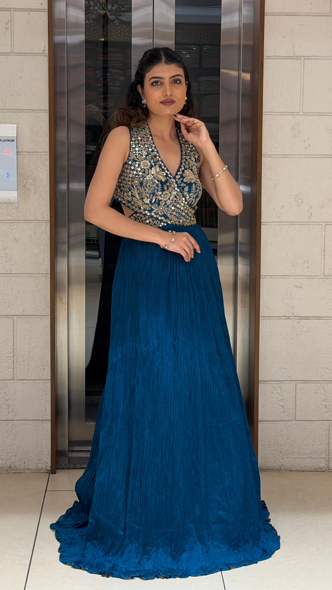 Teal Blue Handwork Embellished Evening Gown