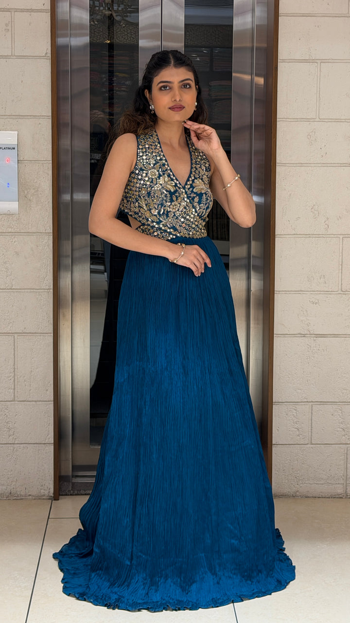 Teal Blue Handwork Embellished Evening Gown
