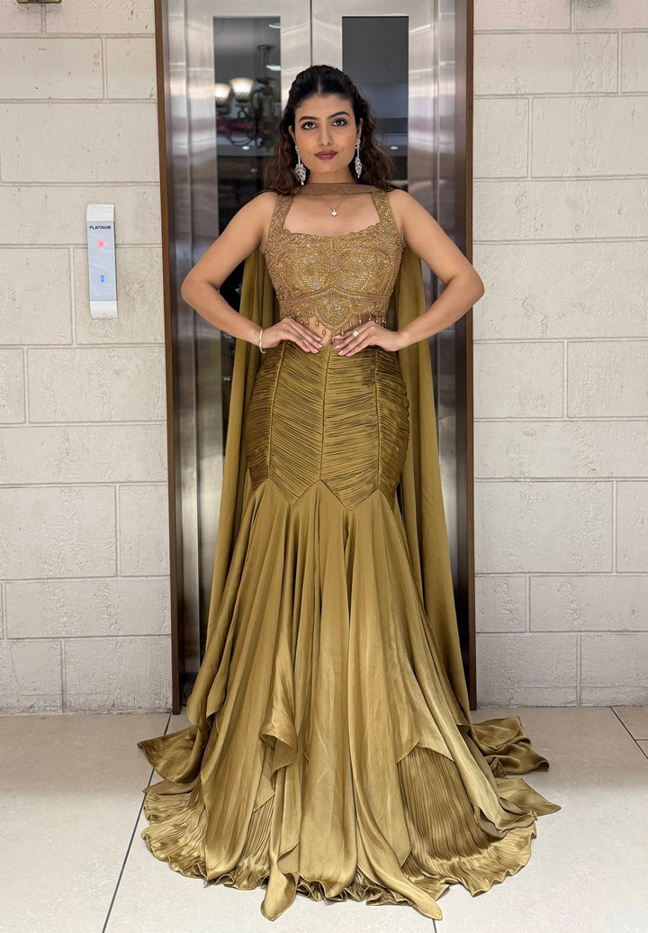 Antique Gold Indo-Western Mermaid Gown with Handcrafted Beaded Corset & Flowing Cape