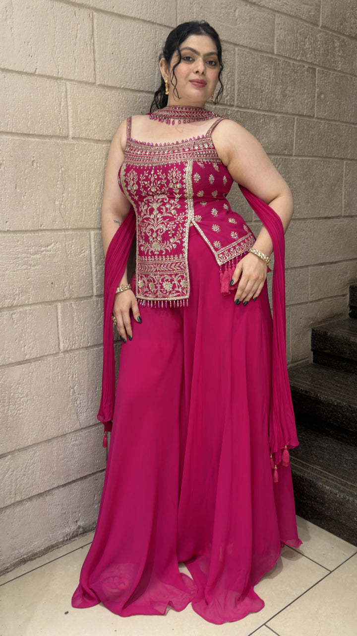 Rani Pink Embroidered Kurta with Flowing Sharara & Dupatta Set