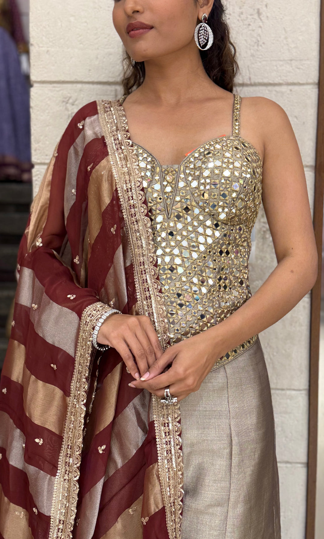 Mirror Work Corset Top with Flared Palazzo & Dupatta Set