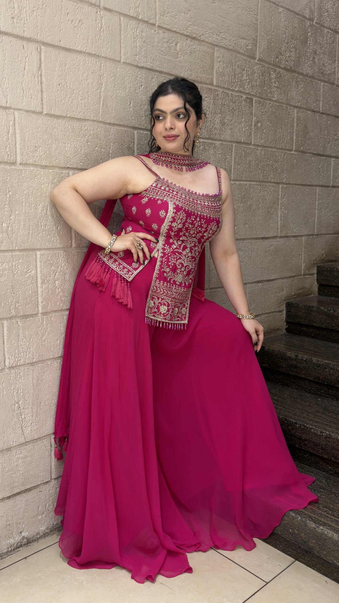 Rani Pink Embroidered Kurta with Flowing Sharara & Dupatta Set