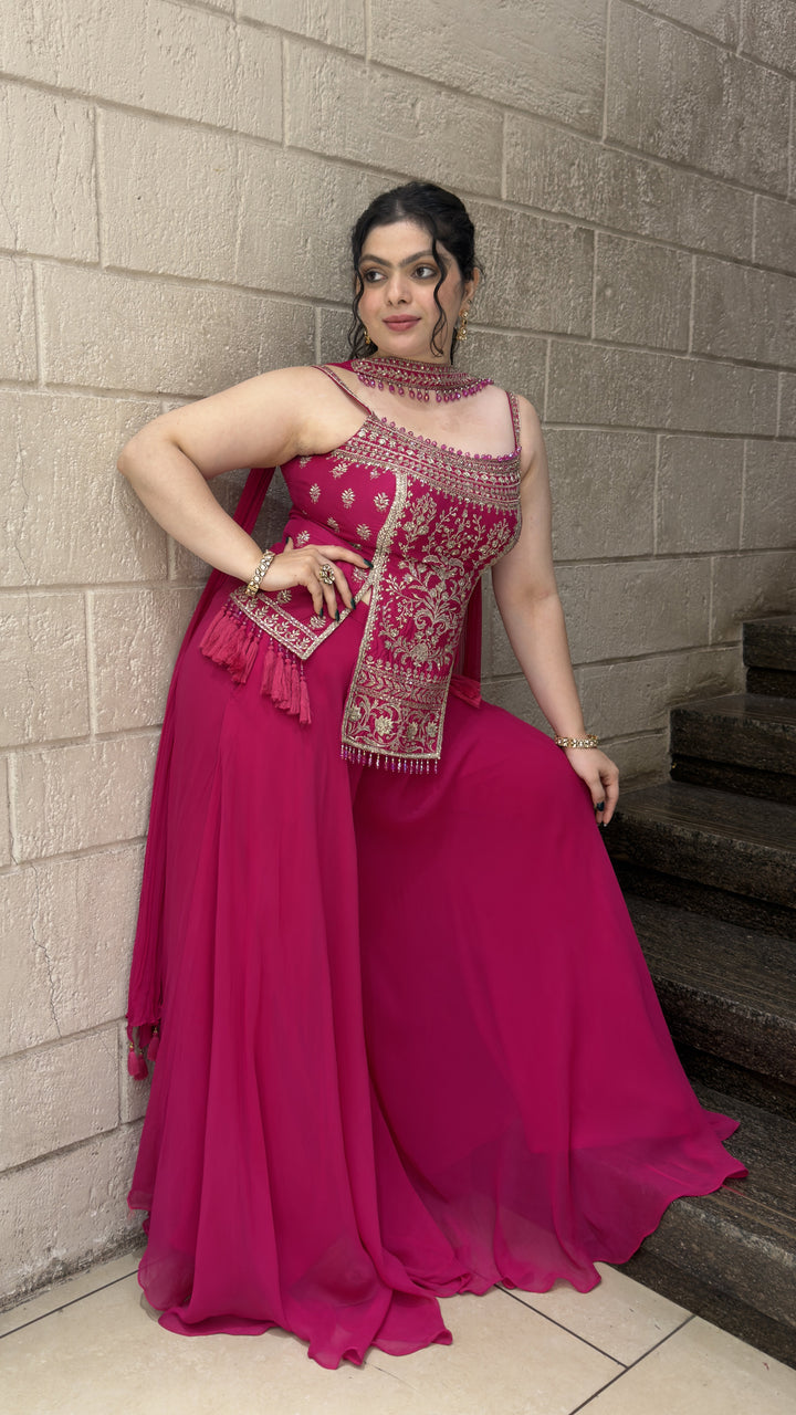 Rani Pink Embroidered Kurta with Flowing Sharara & Dupatta Set