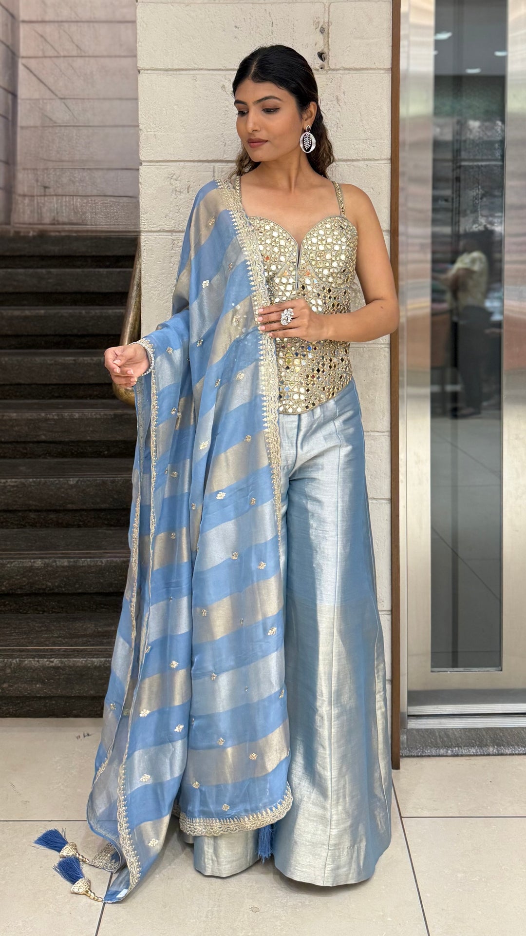 Mirror Work Corset Top with Palazzo Pants & Designer Dupatta Set