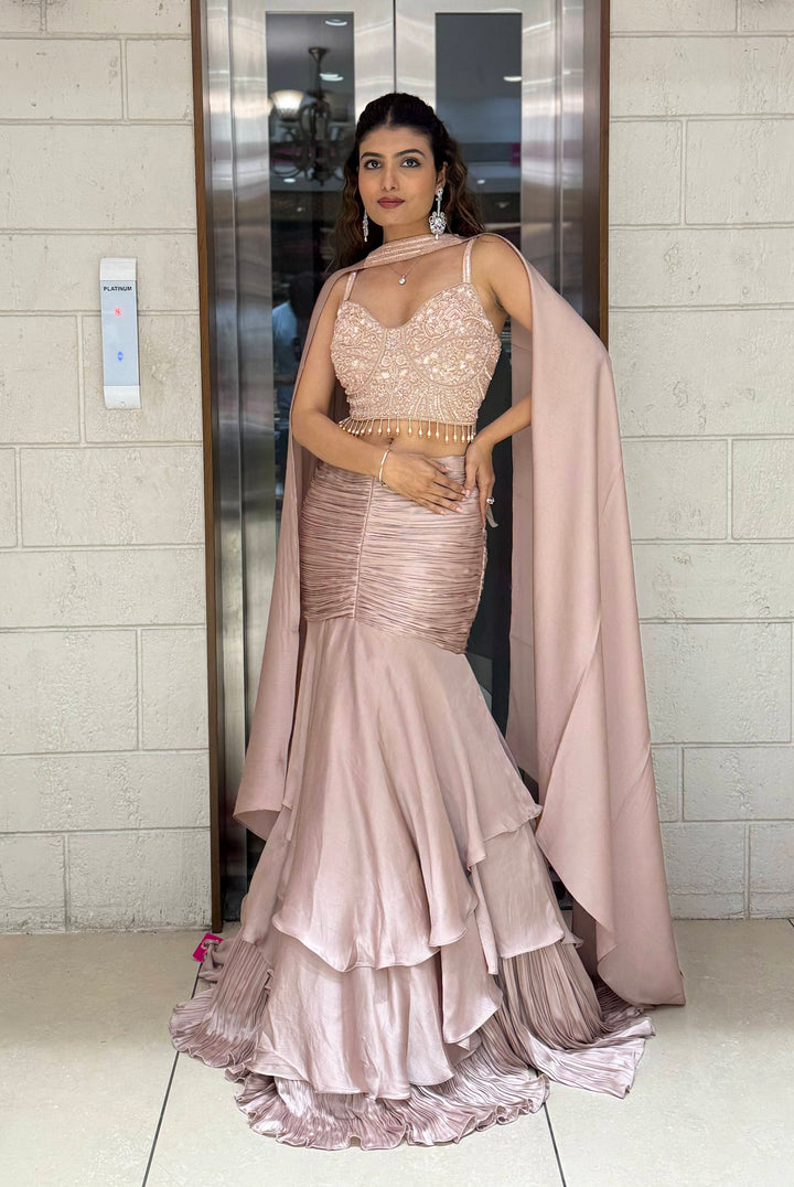Blush Pink Indo-Western Layered Mermaid Gown with Embellished Corset & Draped Cape