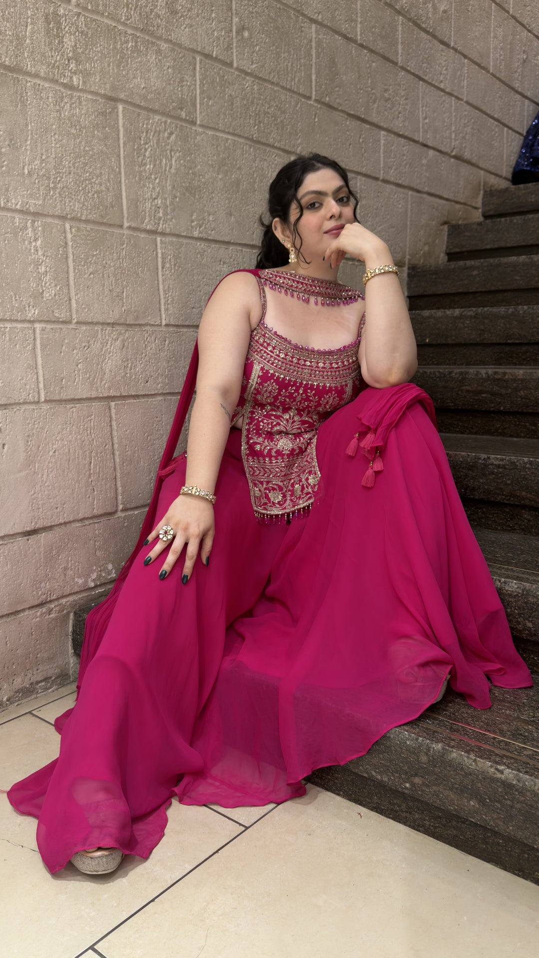 Rani Pink Embroidered Kurta with Flowing Sharara & Dupatta Set