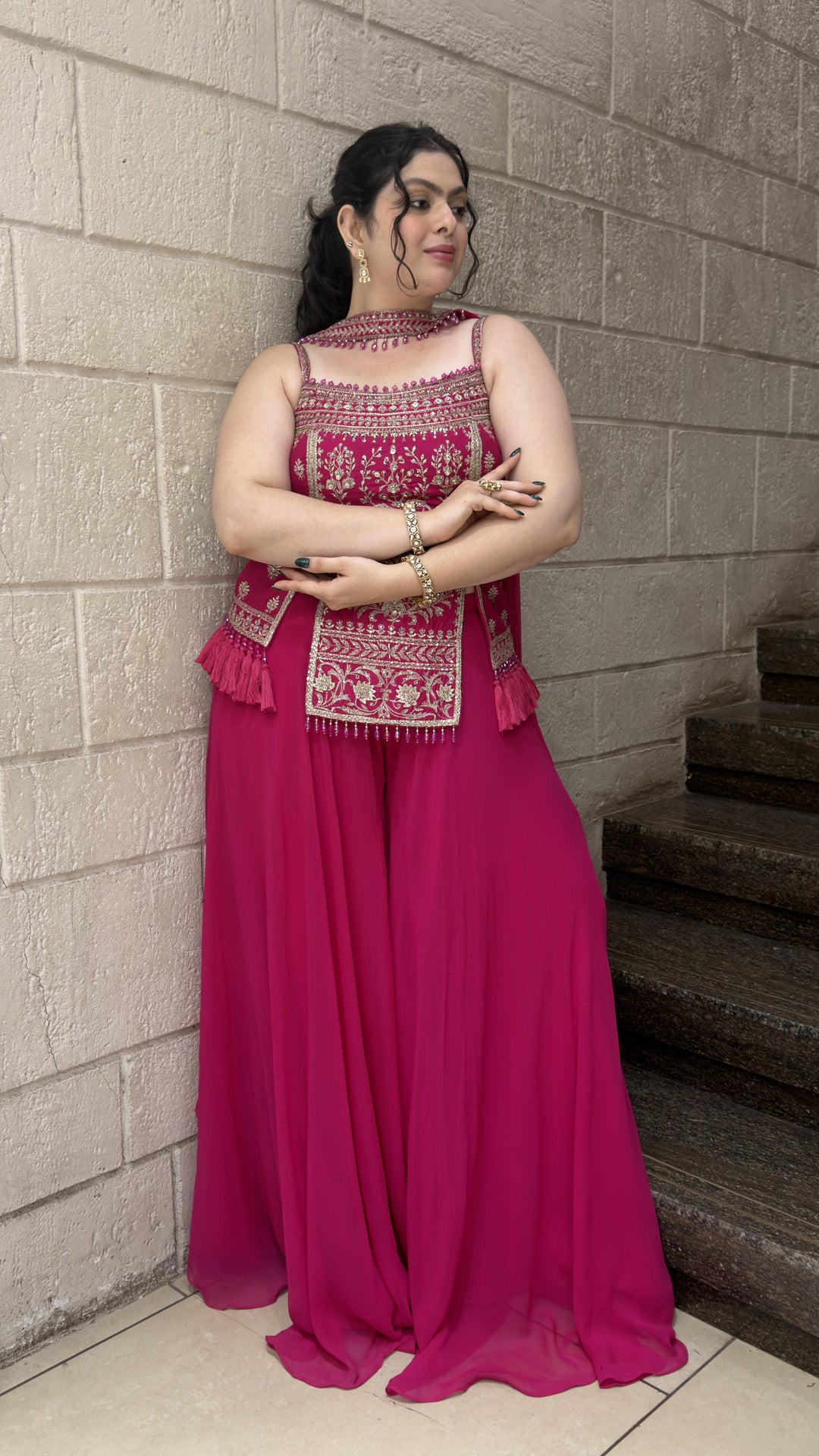 Rani Pink Embroidered Kurta with Flowing Sharara & Dupatta Set