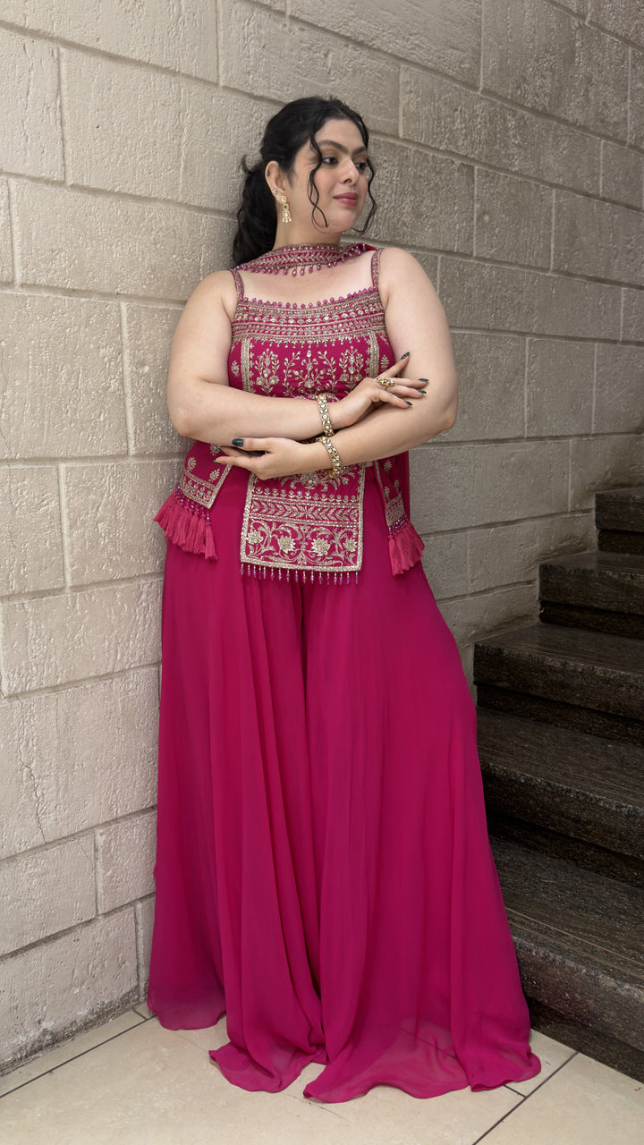 Rani Pink Embroidered Kurta with Flowing Sharara & Dupatta Set