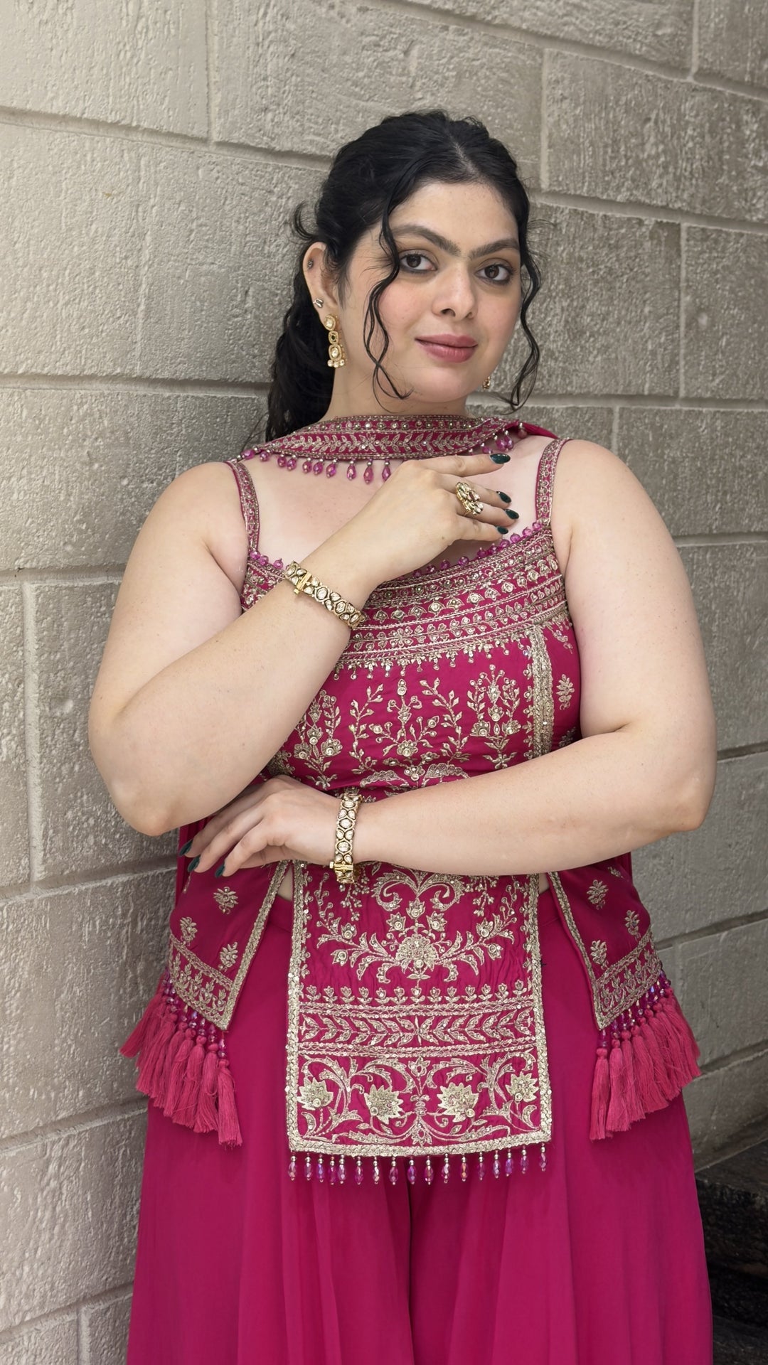Rani Pink Embroidered Kurta with Flowing Sharara & Dupatta Set