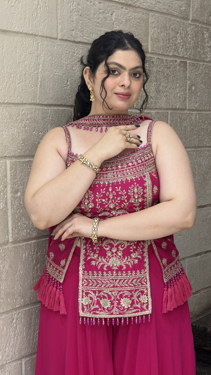 Rani Pink Embroidered Kurta with Flowing Sharara & Dupatta Set