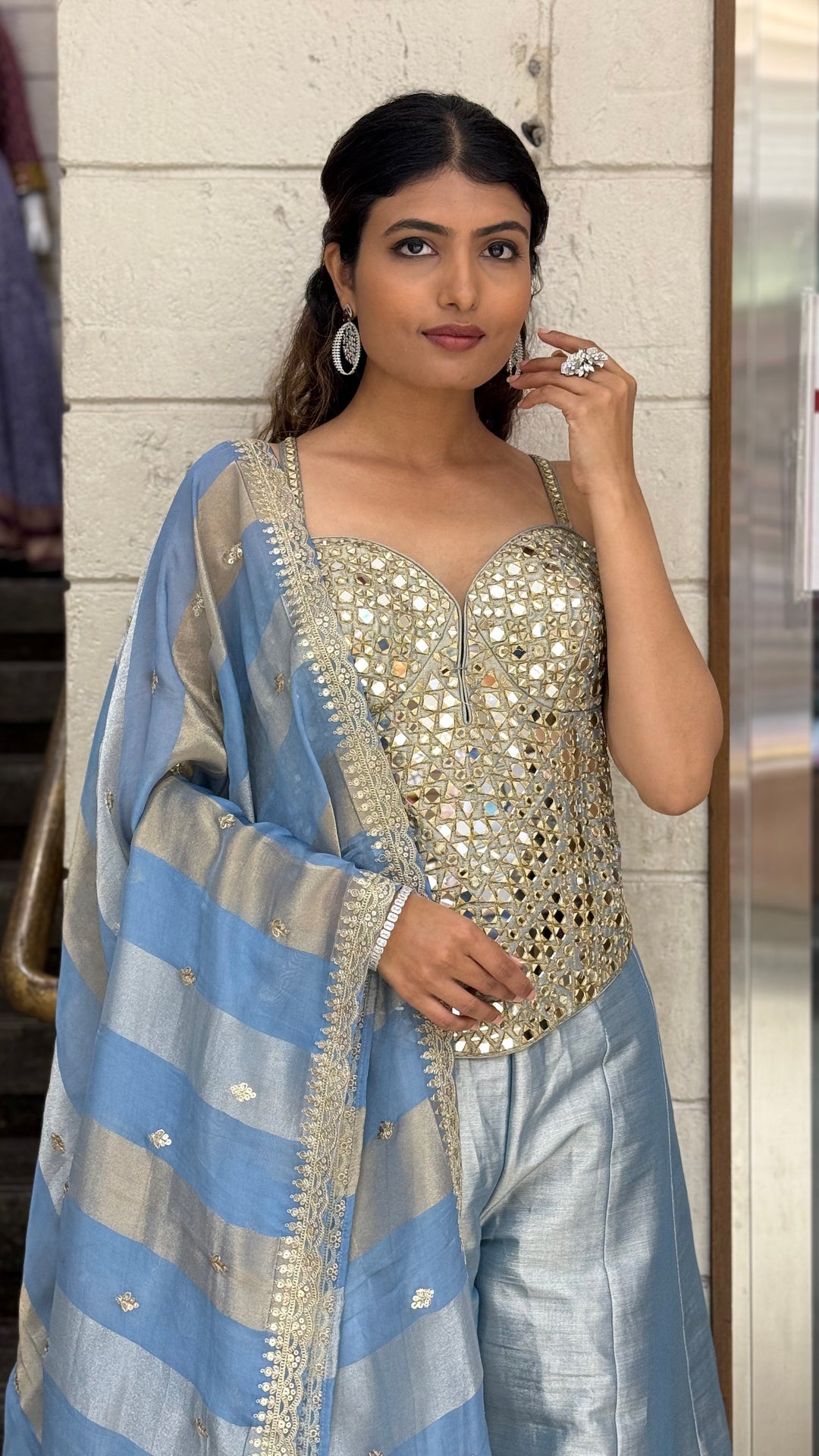 Mirror Work Corset Top with Palazzo Pants & Designer Dupatta Set