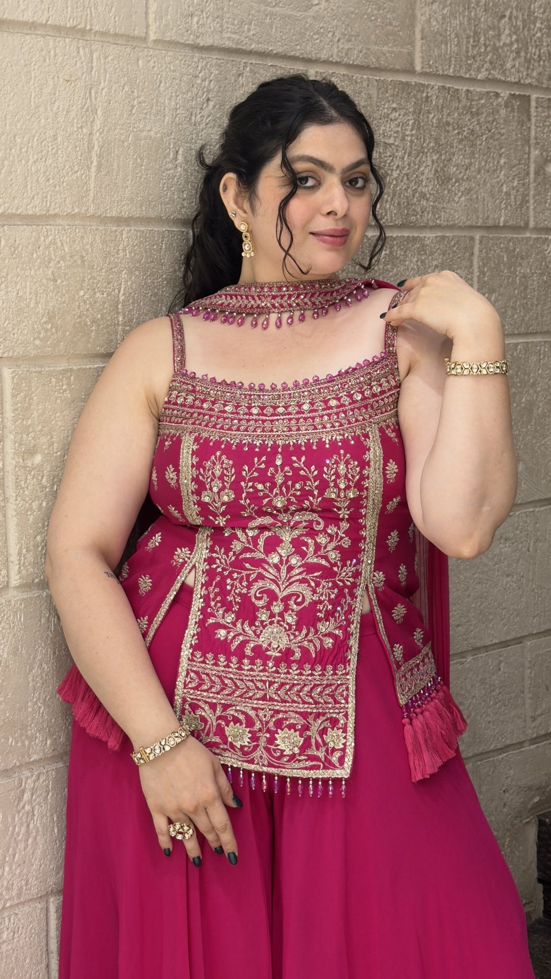 Rani Pink Embroidered Kurta with Flowing Sharara & Dupatta Set