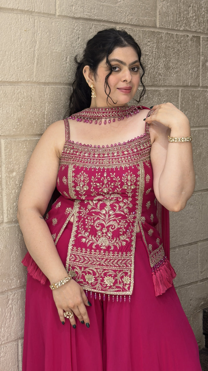 Rani Pink Embroidered Kurta with Flowing Sharara & Dupatta Set