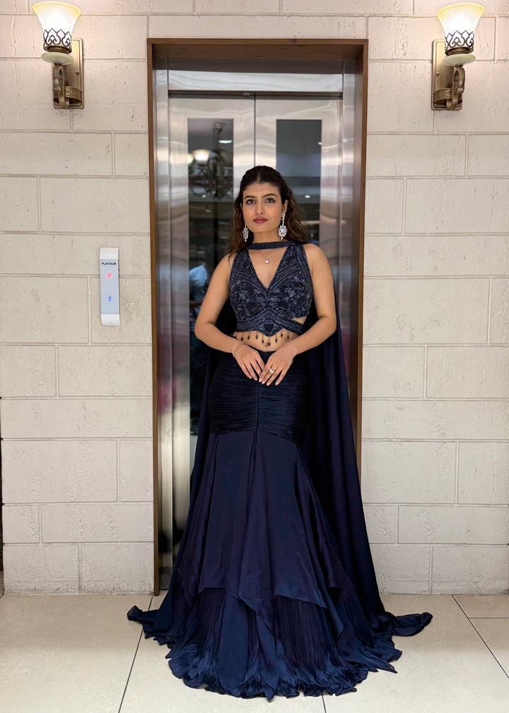 Midnight Navy Indo-Western Mermaid Gown with Embellished Corset & Flowing Cape Sleeves