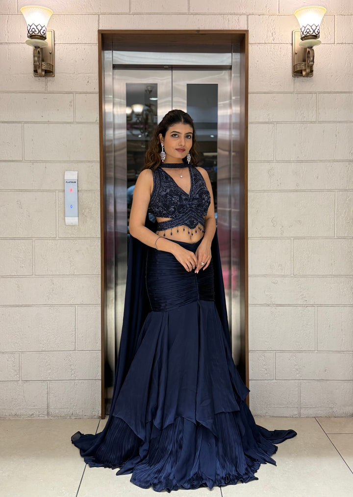 Midnight Navy Indo-Western Mermaid Gown with Embellished Corset & Flowing Cape Sleeves