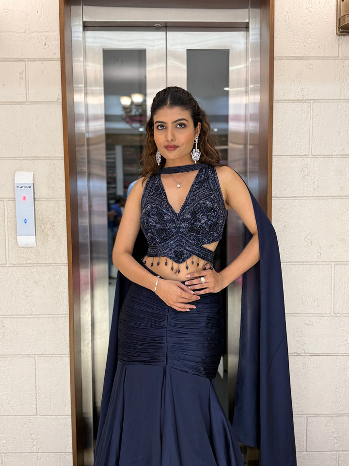 Midnight Navy Indo-Western Mermaid Gown with Embellished Corset & Flowing Cape Sleeves