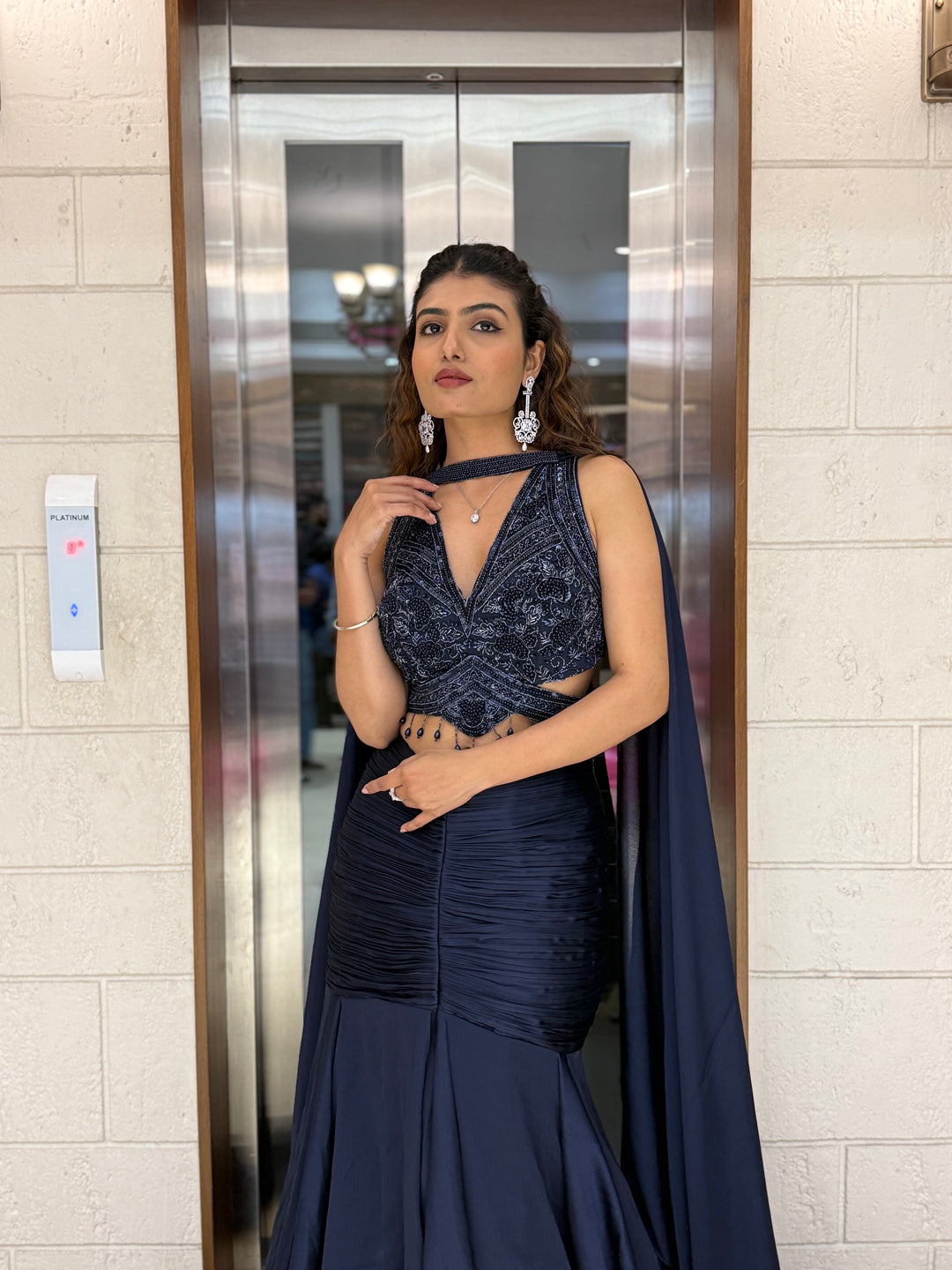 Midnight Navy Indo-Western Mermaid Gown with Embellished Corset & Flowing Cape Sleeves