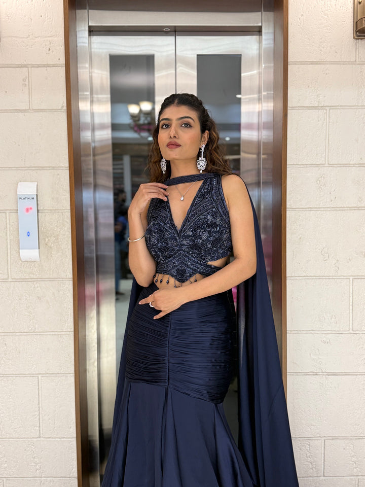 Midnight Navy Indo-Western Mermaid Gown with Embellished Corset & Flowing Cape Sleeves