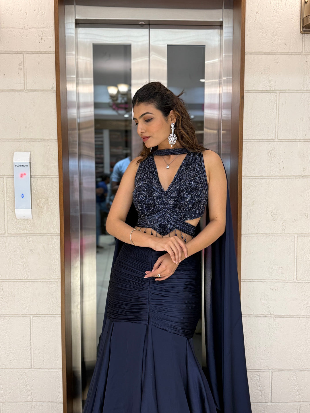 Midnight Navy Indo-Western Mermaid Gown with Embellished Corset & Flowing Cape Sleeves