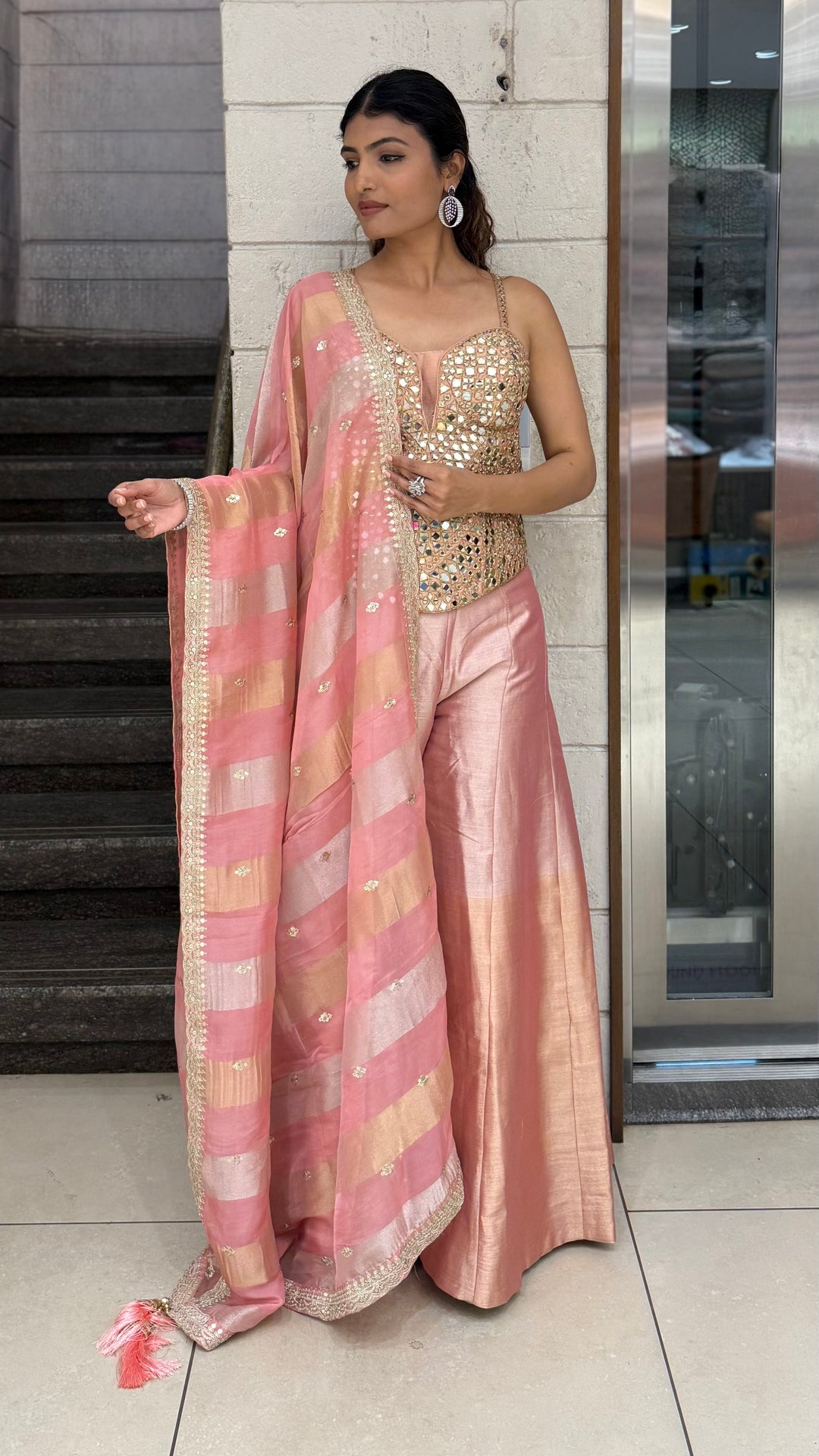 Mirror Work Corset Top with Palazzo Pants & Designer Dupatta Set