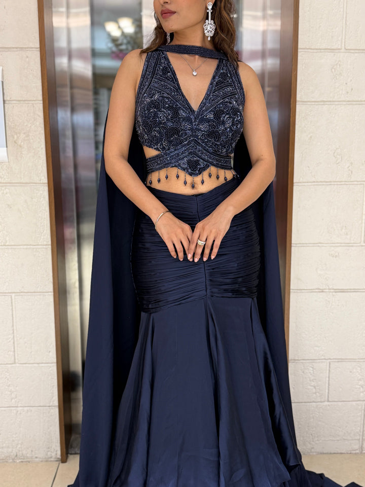 Midnight Navy Indo-Western Mermaid Gown with Embellished Corset & Flowing Cape Sleeves