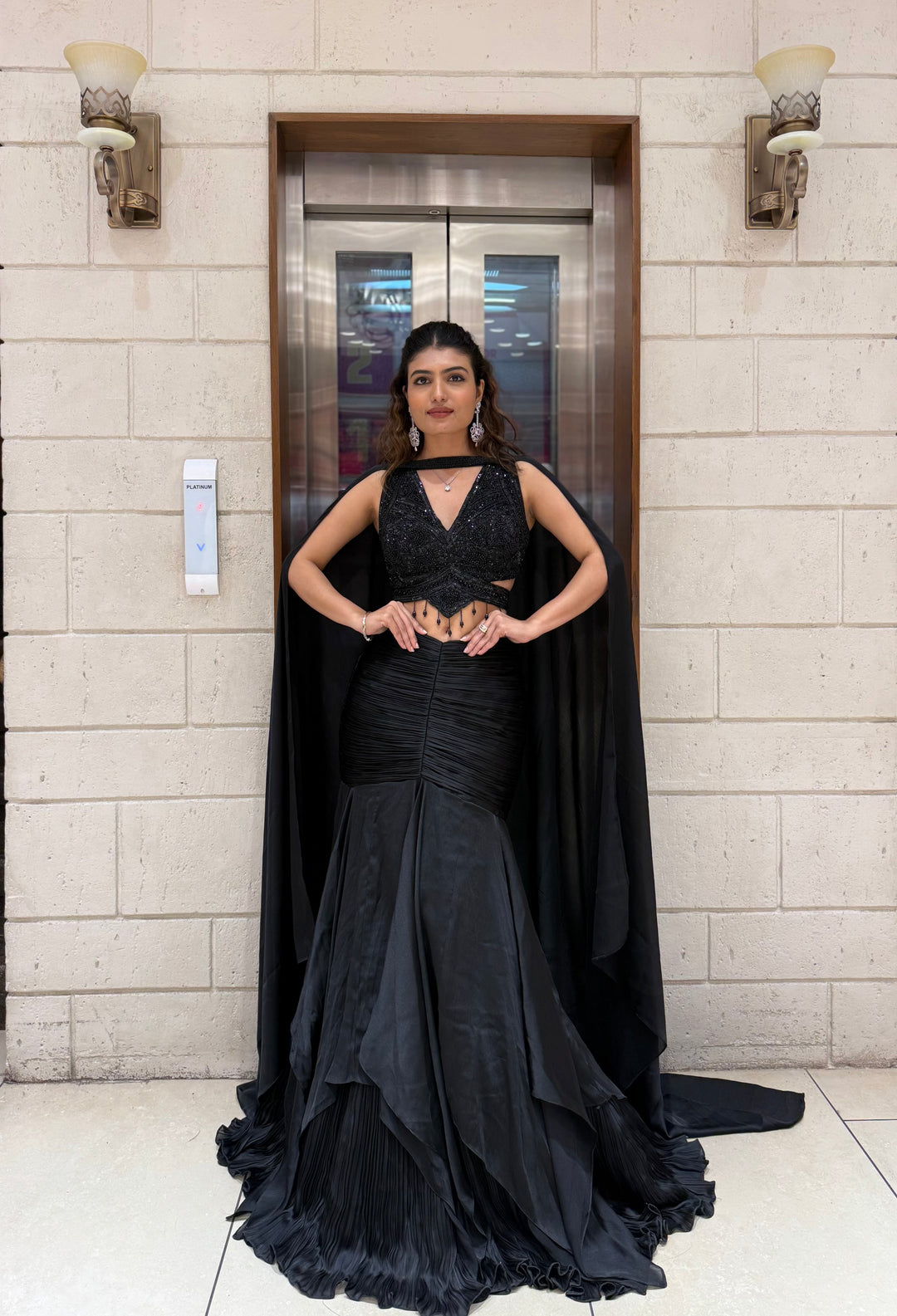 Midnight Black Indo-Western Mermaid Gown with Sequin Corset & Draped Cape Sleeves 42 Midnight Black Indo-Western Mermaid Gown with Sequin Corset & Draped Cape Sleeves 42