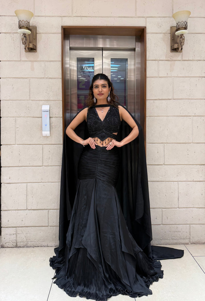 Midnight Black Indo-Western Mermaid Gown with Sequin Corset & Draped Cape Sleeves