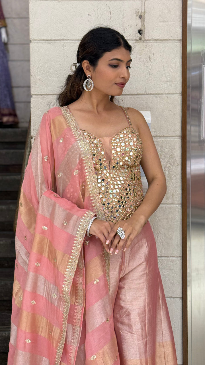 Mirror Work Corset Top with Palazzo Pants & Designer Dupatta Set