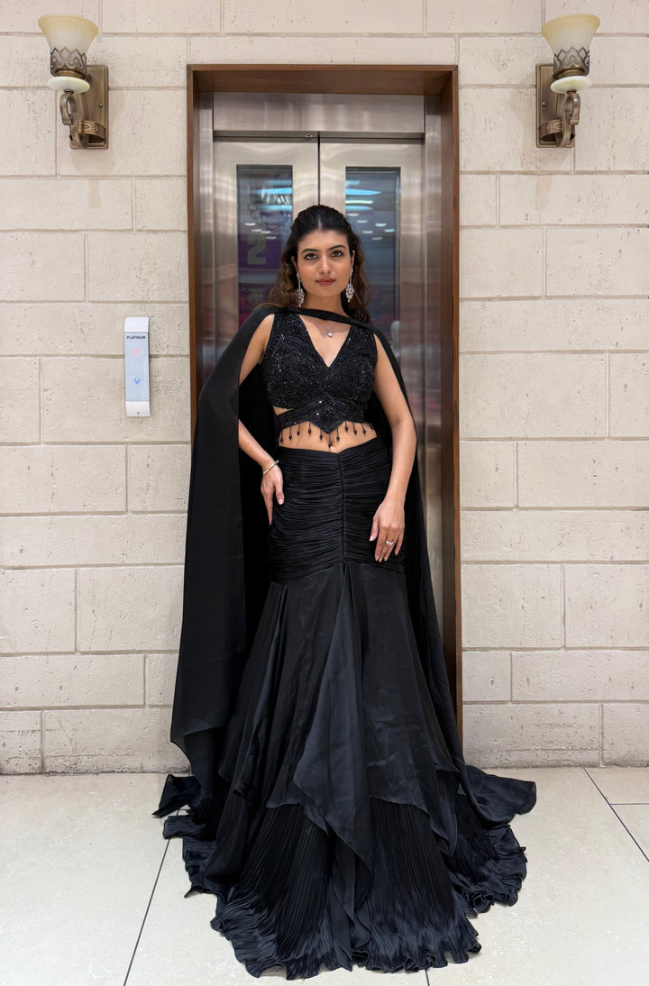 Midnight Black Indo-Western Mermaid Gown with Sequin Corset & Draped Cape Sleeves