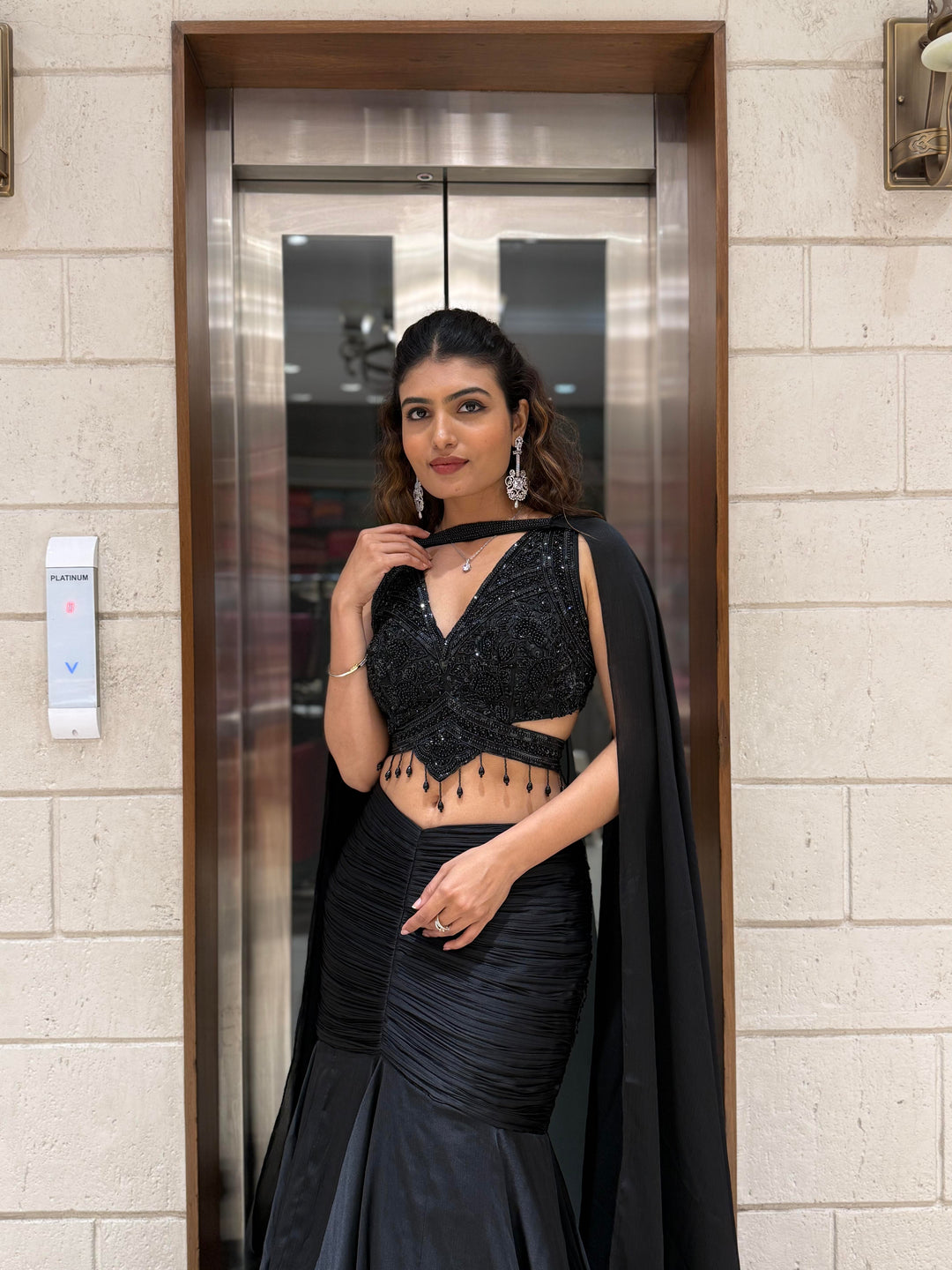 Midnight Black Indo-Western Mermaid Gown with Sequin Corset & Draped Cape Sleeves