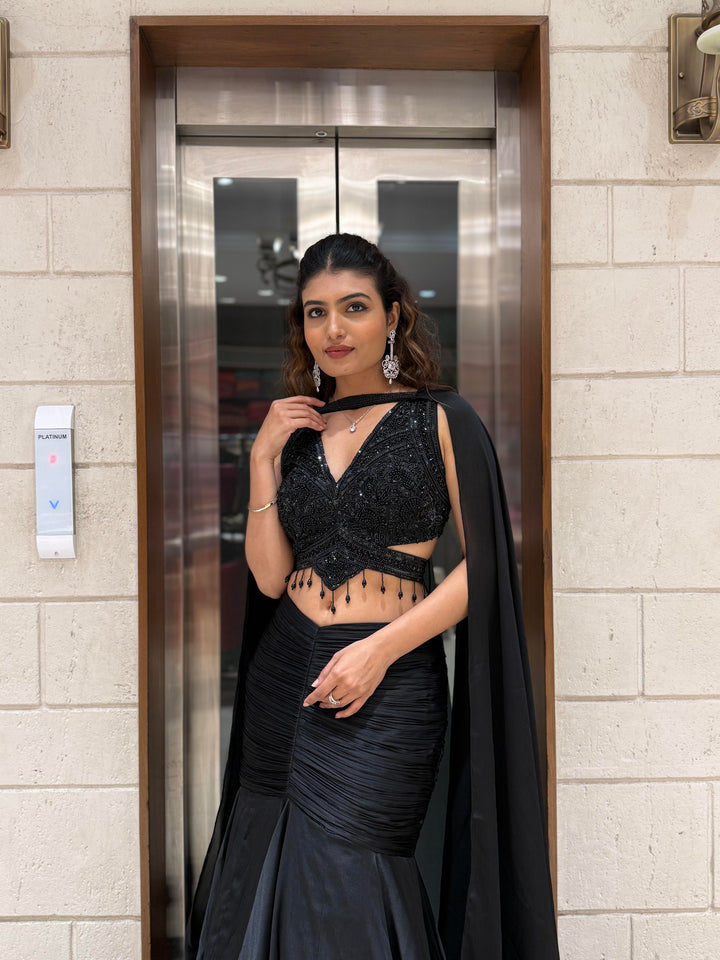 Midnight Black Indo-Western Mermaid Gown with Sequin Corset & Draped Cape Sleeves